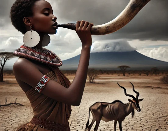 Image of a young lady in ethnic clothing blowing on a horn,with a mountain and starving gnu in the background.