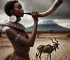 Image of a young lady in ethnic clothing blowing on a horn,with a mountain and starving gnu in the background.