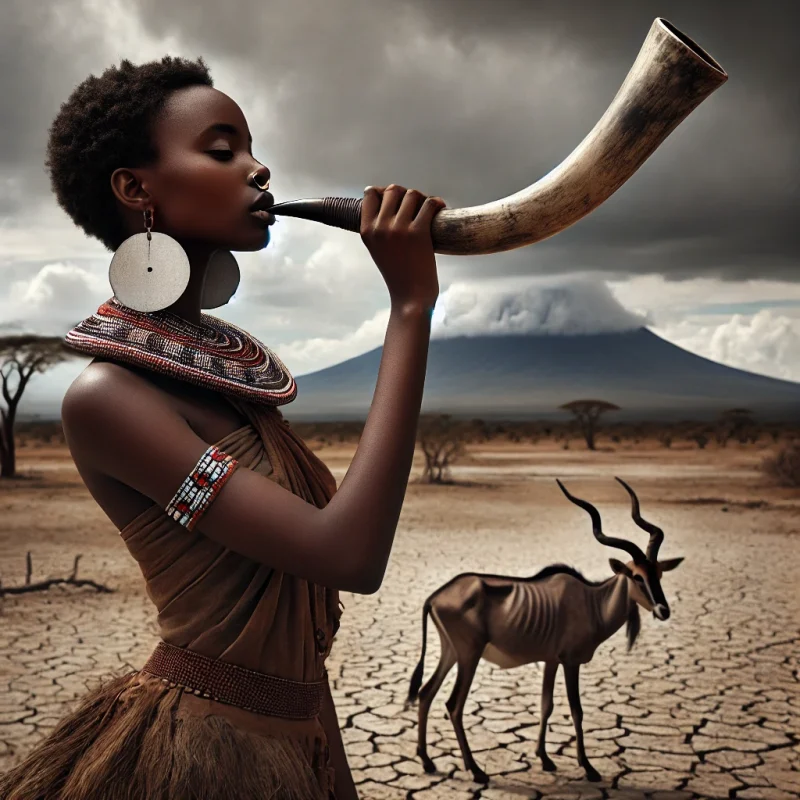 Image of a young lady in ethnic clothing blowing on a horn,with a mountain and starving gnu in the background.